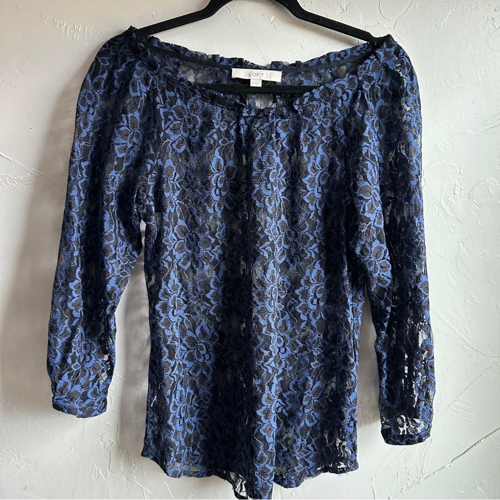 Loft Black and Blue Sheer Lace 3/4 Sleeve Top Whimsigoth Goth‎ Grunge Layering M